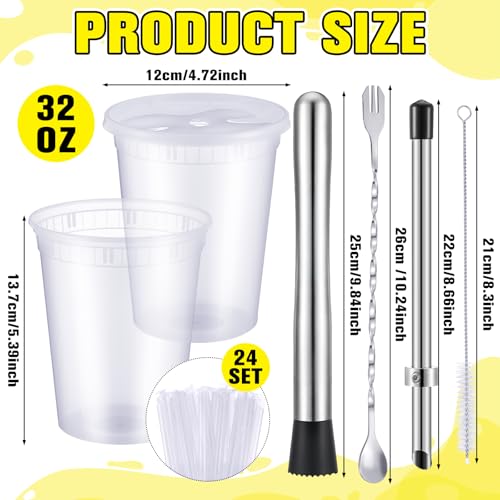 30oz Clear Plastic Lemonade Cups Set with Lids and Straws, 24-Pack