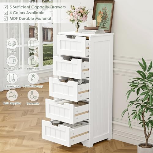 Slim Bathroom Storage Cabinet with 5 Drawers, Tall White Floor Organizer