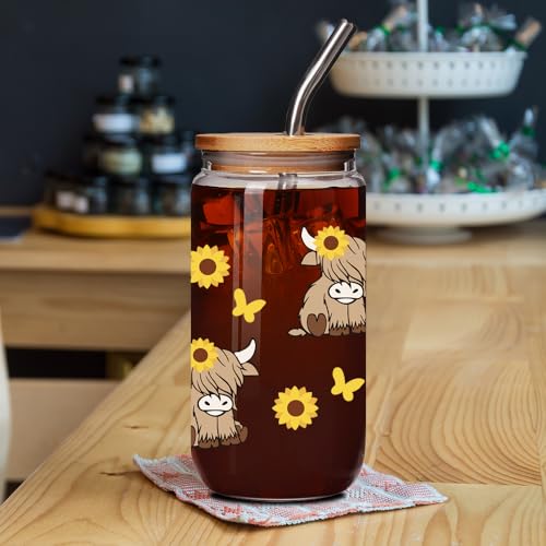 Highland Cow Glass Mug with Lid & Straw - 16 oz Coffee Tea Cup Gift for Women