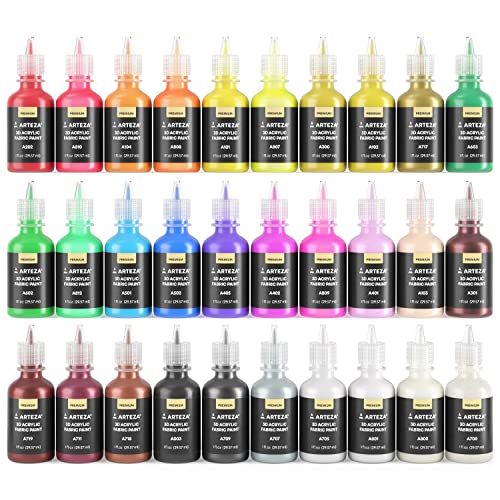 ARTEZA Fabric Paint, Set of 30, Permanent 3D Paint, Glow-in-the-Dark, Glitter, Neon, and Metallic Hues, Paint for Textiles, Canvas, and Wood