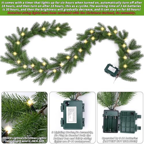 6 Ft LED Christmas Garland with Lights Battery Operated Outdoor Decor