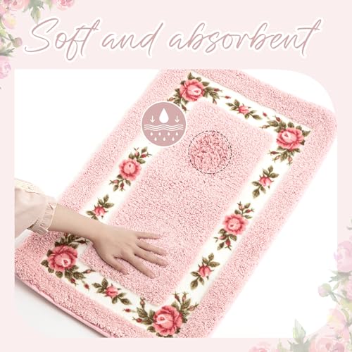 2-Piece Pink Rose Flower Bathroom Rug Set, Non-Slip Absorbent Floral Mats