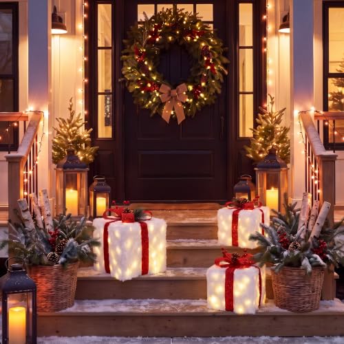 Christmas Lighted Gift Boxes Set - 3 Sizes Faux Snow Decor with LEDs & Bows