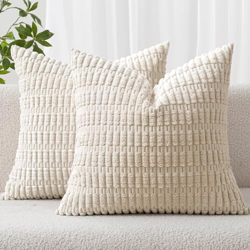 MIULEE Corduroy Throw Pillow Covers 18x18 Cream White Boho Striped 2 Pack