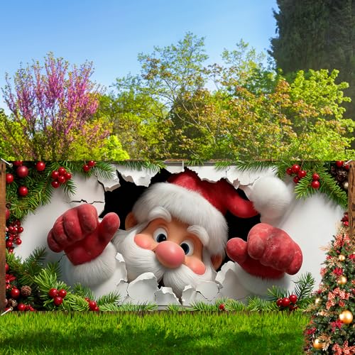 ANNA QUEEN 7x16FT Christmas Garage Door Cover Santa Claus Breaking Through Wall