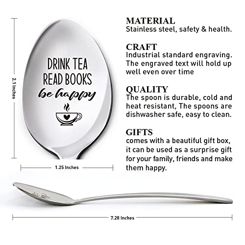 Engraved Stainless Steel Tea Spoon Gift for Book Lovers — Drink Tea Read Books Be Happy — Birthday, Christmas, Graduation Gift — 7 Inch