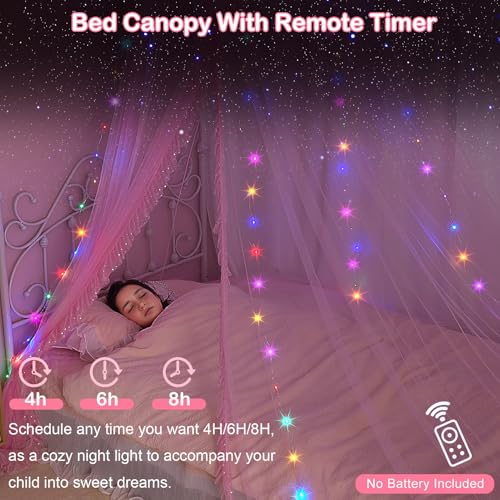 Pink Bed Canopy for Girls Room Decor with LED Lights & Remote Timer