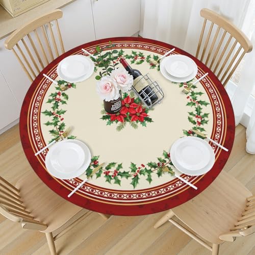 Roverantic Christmas Red Berry Round Tablecloth 44" Beige Elastic Edge Water-Resistant