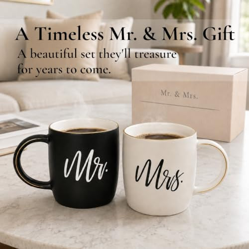Couples Coffee Mugs Set - Mr. & Mrs. 13oz Ceramic Gift Box with Gold Details