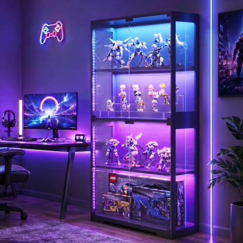 4-Tier Glass Display Cabinet with RGB LED Lighting and Push-to-Open Doors