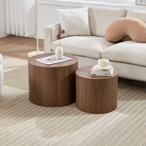 Round Wooden Nesting Coffee Table Set of 2, Walnut Finish End Tables