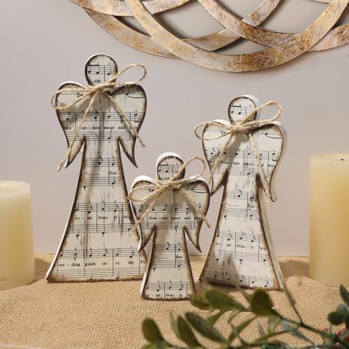Treory Rustic 3Pcs Angel Decor Set – Christmas Carols Wooden Nativity Ornaments