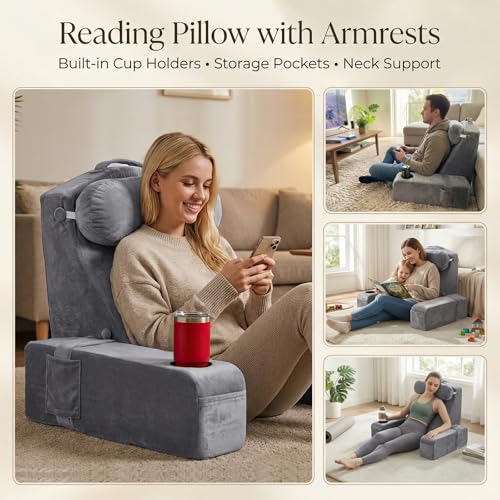 21-Inch Reading Pillow with Detachable Arms and Cup Holder - Gray