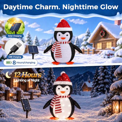 3D Lighted Penguin Christmas Decoration with Solar Panel & Remote, 8 Modes, Brightness Levels, IP44 Outdoor Holiday Yard Decor