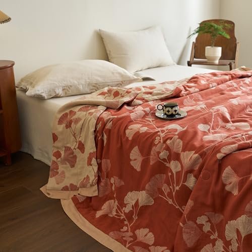 Reversible 100% Cotton Muslin Quilt - Ginkgo Leaf Floral Design, Queen