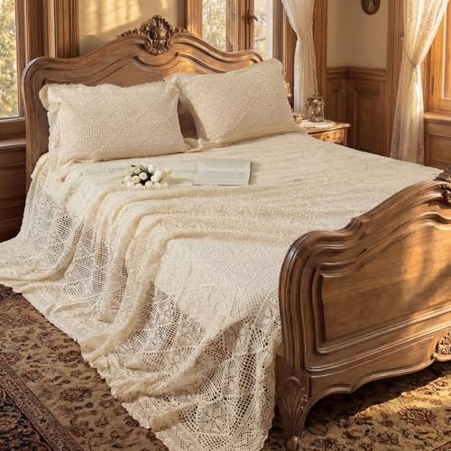 Large Vintage Beige Lace Crochet Bedding Set with Pillowcases