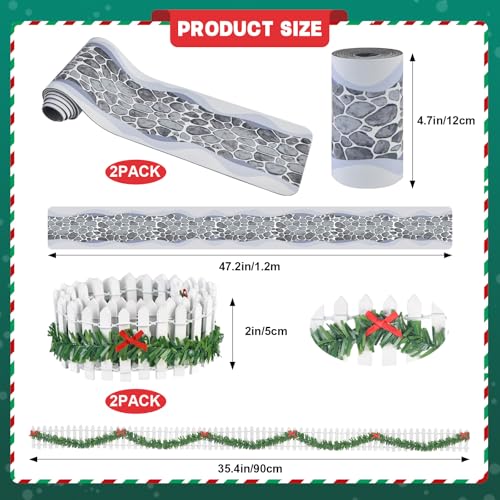 4PCS Christmas Village Accessories Sets, 2PCS 4.7" x 47.2"Christmas Village Brick Snow Road Street Mat & 2PCS 35"Wooden Picket Fence,Villages Landscape Road Mats Decoration for DIY Miniature Landscape