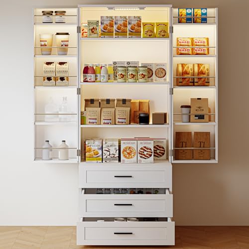 72" Tall Kitchen Pantry Cabinet with LED Lighting, 3 Drawers & Barn Doors