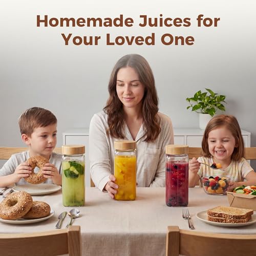 16 oz Square Glass Juice Bottles with Airtight Bamboo Lids - 3 Pack