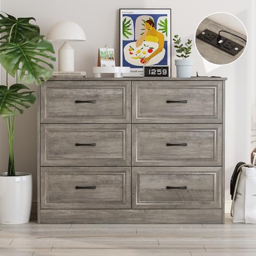 6-Drawer Wood Dresser with Charging Station, Ash Grey Bedroom Organizer