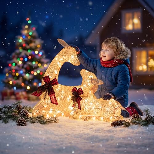 SUNJOY 2-Pack Lying Deer Christmas Holiday Decor with Lights, 3D Tinsel Santa Indoor Outdoor