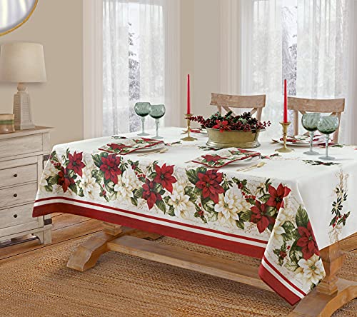 Christmas Presley Red and White Poinsettia Tablecloth 144x60 Inch Rectangular Fabric Holiday Decor