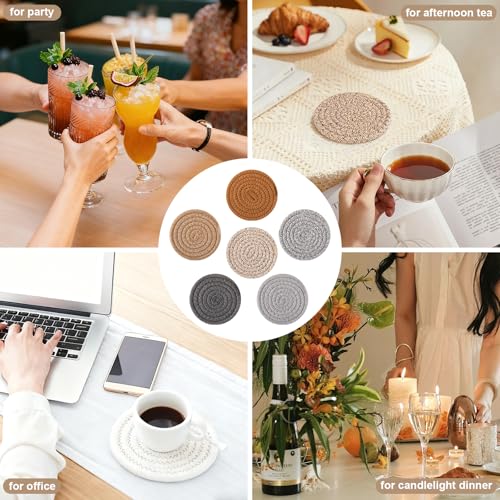 OIAHOMY 10 Pcs Boho Cotton Woven Drink Coasters with Metal Holder - Mixed Yellow, 4.3 Inch