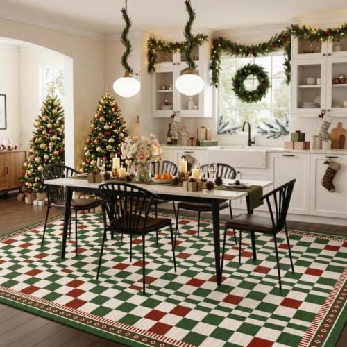 GarveeHome 9x12 Christmas Checkered Rug - Festive Red & Green Holiday Decor, Non-Slip, Machine Washable, for Living Room, Carnival Variation