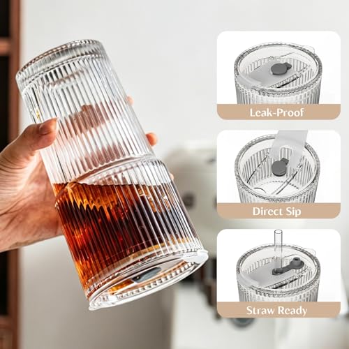 20 oz Ribbed Glass Tumblers with Lids and Straws - 4-Piece Set