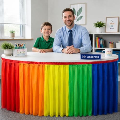 Rainbow Ruffled Table Skirt with Black Lining, 6.6 Ft x 31 Inch