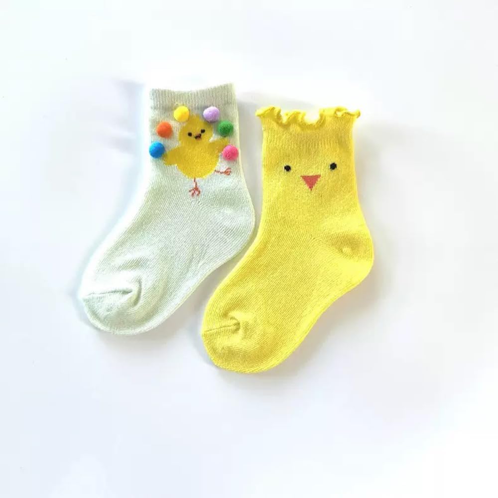 Skiennix Girls' Cozy Cotton Crew Socks - Fun Ruffle Design in Yellow Chick | Size 3-8 Years