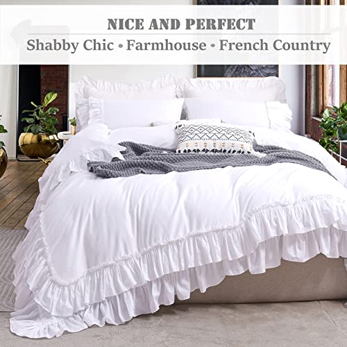 Queen Size White Ruffle Duvet Cover Set - Soft Cotton Bedding