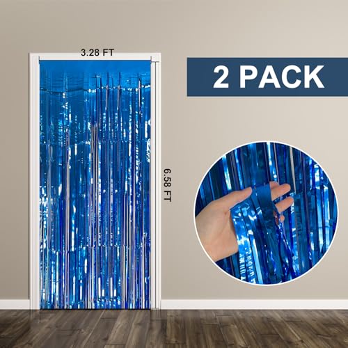 K.E.J. Blue Foil Fringe Curtains 2-Pack - Metallic Tinsel Party Backdrop