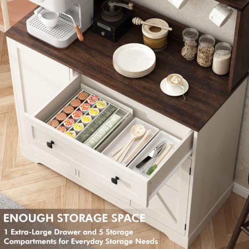 Farmhouse Coffee Bar Cabinet with Charging Station, 39-Inch Kitchen Hutch