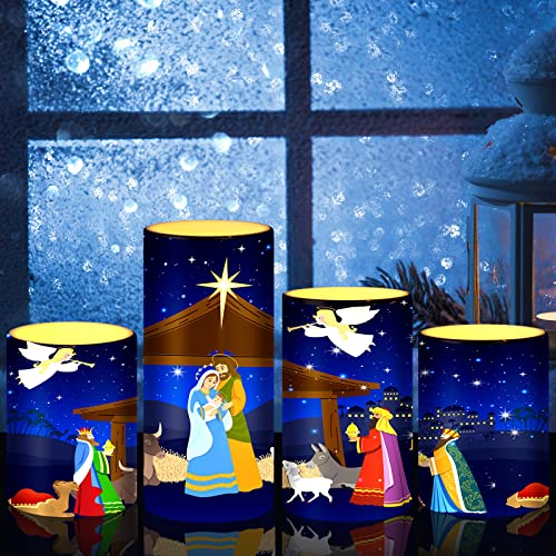 Flameless LED Nativity Scene Pillar Candles - 4-Piece Flickering Christmas Set