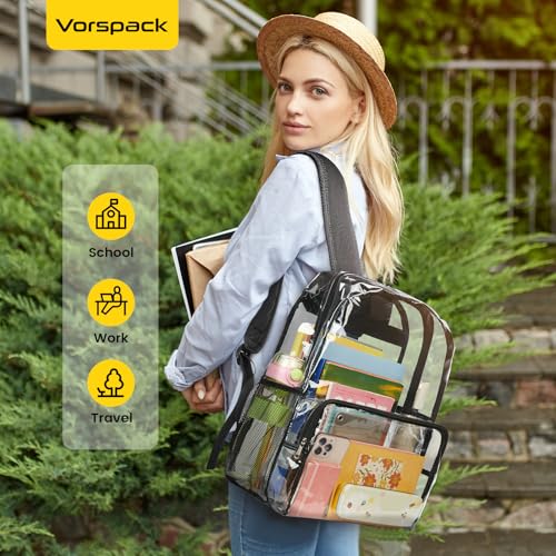 Large Heavy Duty Clear Backpack with Reinforced Straps for School & Travel