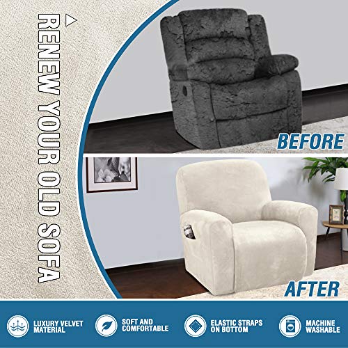 Recliner Chair Cover Set - 4-Piece Velvet Slipcovers, Ivory