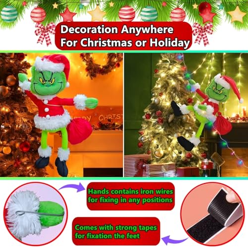 Christmas Green Monster Decorations with Lights, 23.6in Poseable Plush Santa for Indoor & Outdoor Holiday Decor