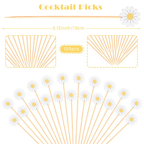 Crafterlife Daisies Spring Floral Cocktail Picks - 100 Eco-Friendly Food Skewers for Party & Appetizers