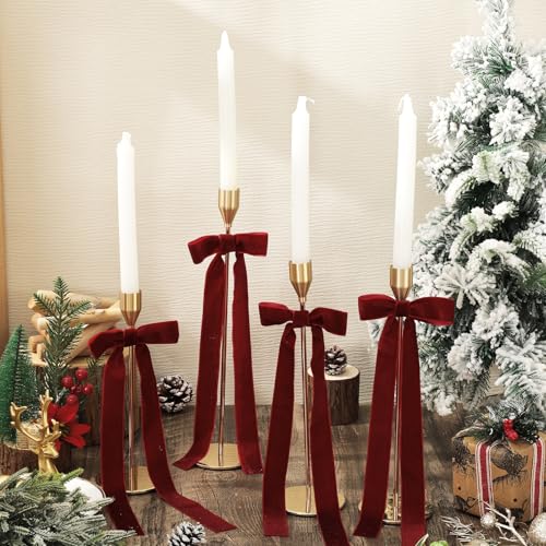 12 Pack Velvet Christmas Bows for Candlestick & Holiday Decor, Wine Red