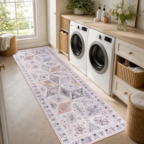 Qulint Boho Patchwork Moroccan Runner Rug 2x6 Feet Beige Grey & Blush Vintage Style