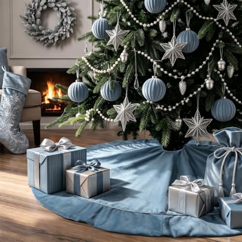 Blue and Silver Christmas Tree Skirt 48 Inch Luxury Velvet for Winter Holiday Decor