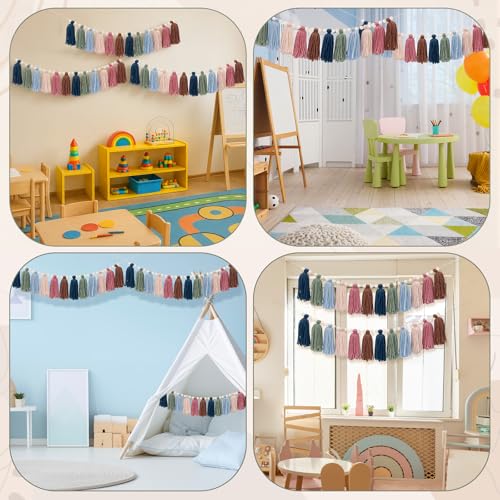 4 Pcs Boho Tassel Garland Set, Pastel Rainbow Wall Decor with Wood Beads