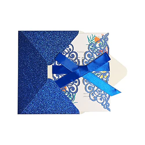 Fashmade Blue 50Pcs Laser Cut Wedding Invitations with Glitter Envelopes & Ribbons (Blank Inside) 5x7 in
