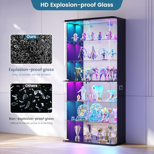 6-Tier 71-Inch Tall Glass Display Cabinet with RGB Lights and Motion Sensor