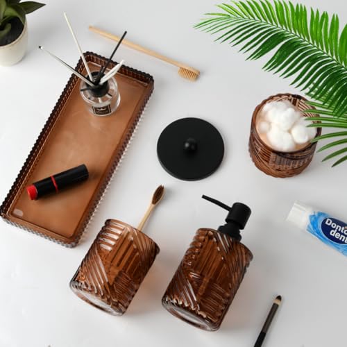 4-Piece Amber Glass Bathroom Accessory Set with Vanity Tray and Soap Dispenser