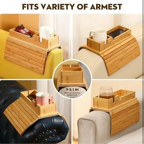Couch Armrest Table Set of 2 - with Detachable Couch Cup Holder Tray | Foldable Non-Slip Bamboo Sofa Arm Tray for Remotes, Phones, Drinks and Snacks | Space-Saving Arm Rest Table - 17.7" x 12.8