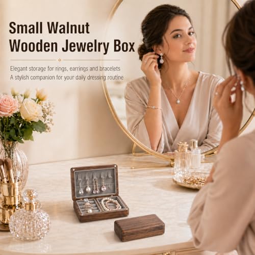 Small Walnut Wooden Jewelry Box, Travel Jewelry Organizer Case