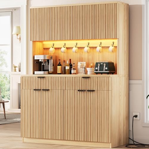 Fluted Kitchen Pantry Cabinet with Charging Station and LED Lighting