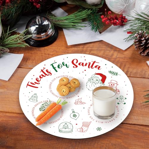 Santa Treat Round Wood Platter 10in Christmas Serving Tray for Snacks & Milk